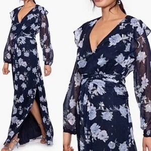 NWT Betsy & Adam Navy Floral Metallic Sheer Long Sleeve Split Maxi Gown Dress 12